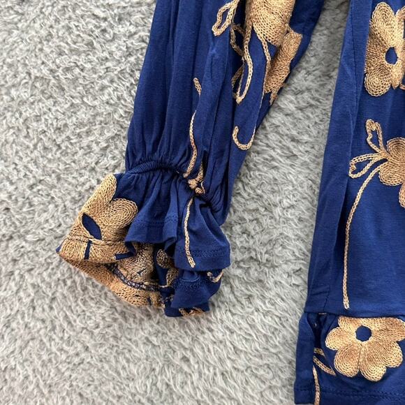 LIV Los Angeles Medium Blue Long Sleeve Blouse Floral Embroidery Boho - Picture 5 of 9